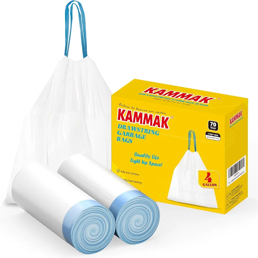 Trash Bags 4 Gallon Drawstring Bathroom 70 Count Garbage Bags Small White Ultra Strong Trash Bin Liners for Bathroom Kitchens Office