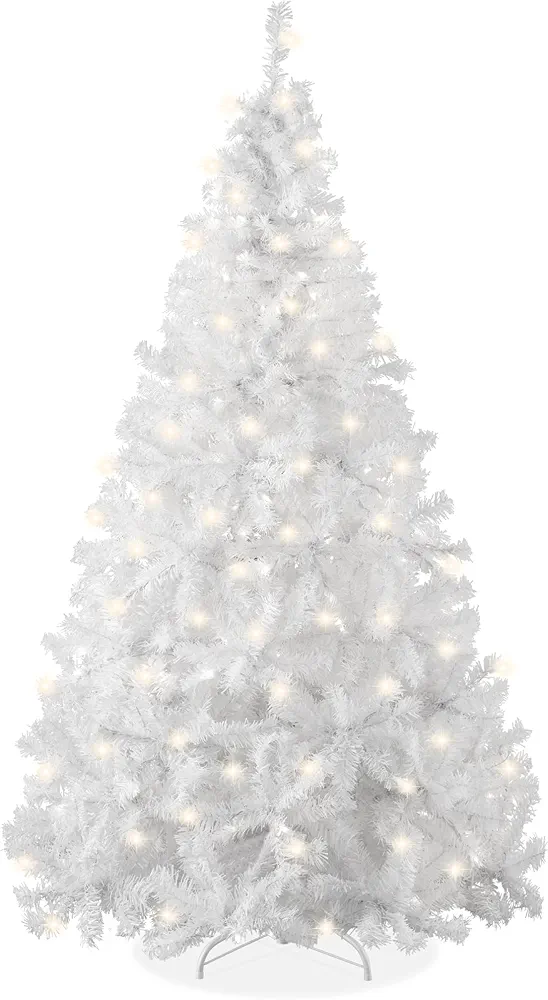 Best Choice Products 4.5ft Pre-Lit White Christmas Tree, Hinged Artificial Pine Tree Holiday Decoration w/ 200 Warm White Lights, Metal Stand, 432 Tips, Easy Assembly, White