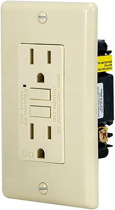 EZ-FLO 62168 Self-Test 15 Amp 125 Volt Slim GFCI Outlet with LED Indicator and Wall Plate, Ivory