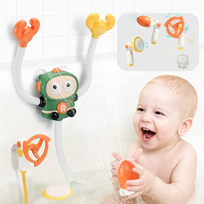 JoyGrow Bath Toys Electric Shower Head with Double 360° Rotatable Sprinkler and 3 PCS Different Spraying Sprinkler Bathtub Water Toy for Baby Kids(Robot)