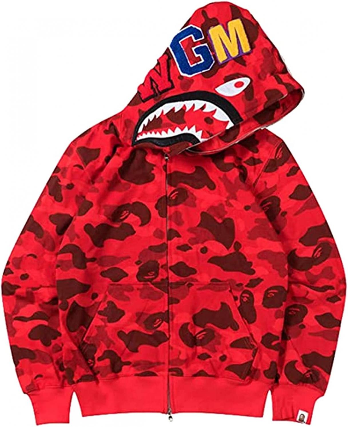 EUDOLAH Shark Hoodie Camo Print Cotton Sweater Casual Loose Zip Hoodie Jacket for Men Women