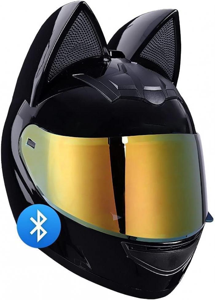 Adult Personalized Cat Ear Motorcycle Bluetooth Helmet Youth Men and Women Cool Cat Racing Motocross Casco DOT/ECE Approved Full Helmet Suitable for All Seasons