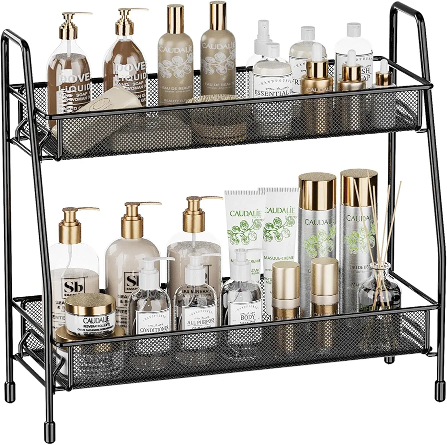 EKNITEY Spice Rack Organizer for Countertop, 2 Tier Bathroom Shelf, Desktop Makeup Organizer, Small Storage Rack for Kitchen, Bath Room, Bedroom and Office (Black)