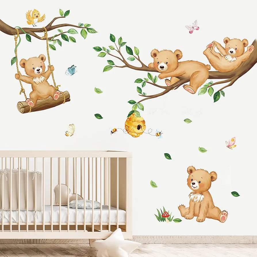 decalmile Woodland Bear Wall Decals Animal Tree Branch Wall Stickers Baby Nursery Kids Bedroom Living Room Wall Decor