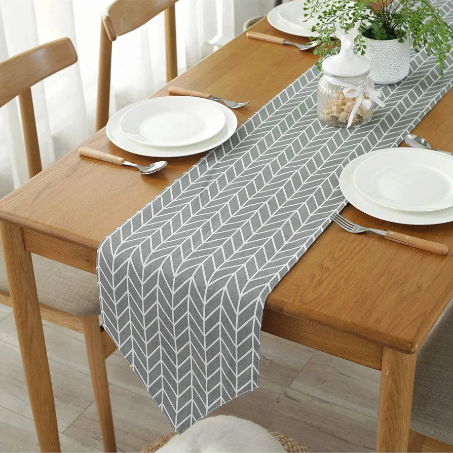 Grey Table Runner 12" x 71" Long, LEEFONE Cotton Linen Dining Table Runners, Geometry Checkered Table Runner for Kitchen, Living Room, Coffee Table, Holiday Parties, Wedding, Home Decor