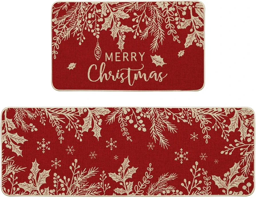 Artoid Mode Holly Pine Branches Leaves Merry Christmas Kitchen Mats Set of 2, Winter Decor Low-Profile Kitchen Rugs for Floor - 17x29 and 17x47 Inch