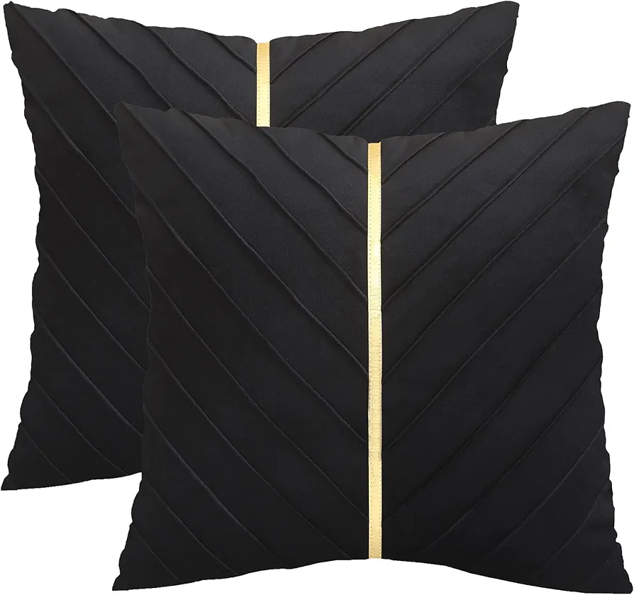 Black Velvet Throw Pillow Covers 18x18 inch Pack of 2 with Gold Leather Decorative Couch Pillow Cover Luxury Modern Pillowcases for Wedding Living Room Bedroom Sofa Cushion Bed