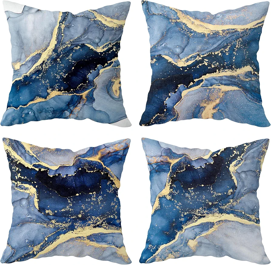 Blue and Gold Marble Pillow Covers Set of 4 Modern Abstract Blue Pillows for Cushion Marble Pillow Covers for Bedroom Sofa Living Room Couch Chair Office 18x18 Inch