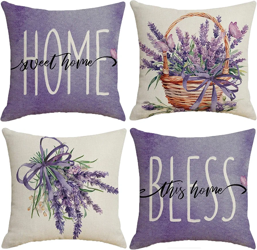 Decorative Throw Pillow Cover Plant Lavender - 18 x 18 Purple Flower Basket Pillow Cushion Case - 4 Pack Linen Square Pillow Cushion Cover, Great for Couch, Patio, Chair, Yard, Living Room Decor