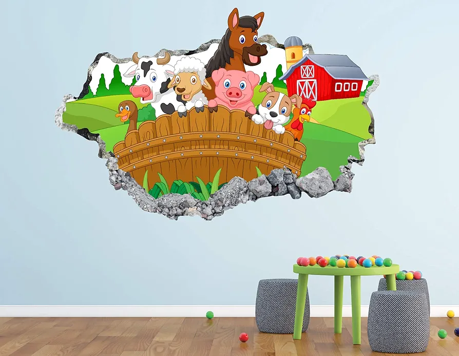 Farm Animals Wall Decal Art Decor 3D Smashed Playroom Sticker Mural Kids Nursery Room Custom Gift BL93 (22"W x 14"H)