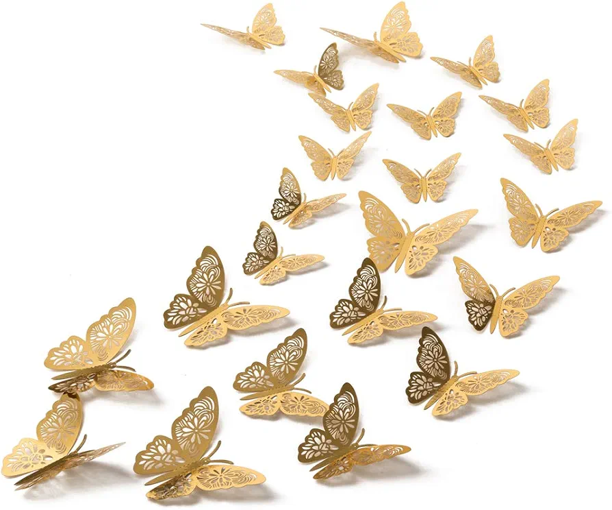 48pcs Gold Butterfly Decorations - Gold Butterfly Wall Decals 3 Sizes Butterfly Stickers for Party Cake Decorations Girls Kids Baby Bedroom Bathroom Living Room Birthday (Gold)