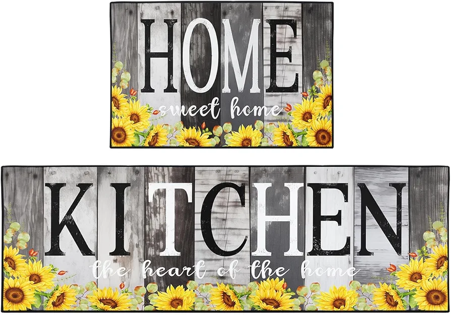 Wooden Sunflower Kitchen Rugs Mat Sets of 2 Washable Non-Slip Eucalyptus Kitchen Floor Mats for in Front of Sink Kitchen Decor for Dining Room, Floor Home, Office, Sink, Laundry