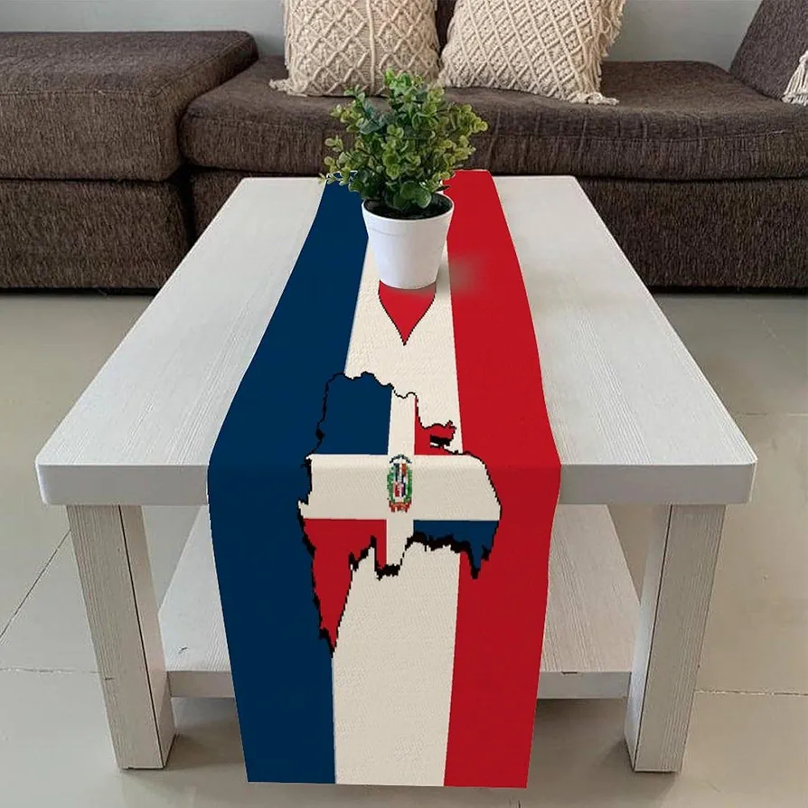 I Love My Country Dominican Republic Dresser Scarf 13x70inch Country Flag Patriotic Table Runners Burlap Style Farmhouse Soft Summer Table Runner for Cabinet Dining Room Indoor Dining Table Decor