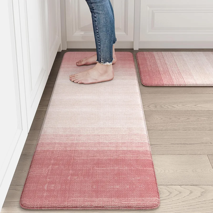 Kitchen Anti Fatigue Mat [2 PCS], Waterproof Kitchen Rugs Non Slip, Cushioned Memory Foam Kitchen Mat, PVC Ergonomic Comfort Rug for Kitchen, Office, Sink, Laundry, Pink