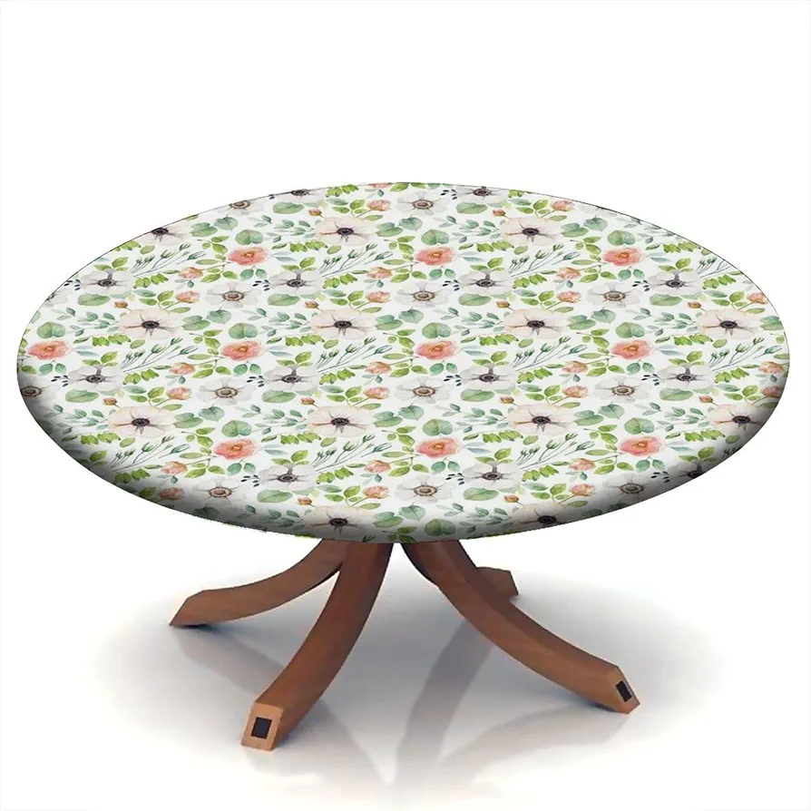 Floral Round Fitted Tablecloths, Abstract Colorful Flower Elastic Edge Polyester Decorative Table Clothes, Fit for 24" Round Table, Stain Resistant Washable Table Cover For Living Room Patio Decor Use