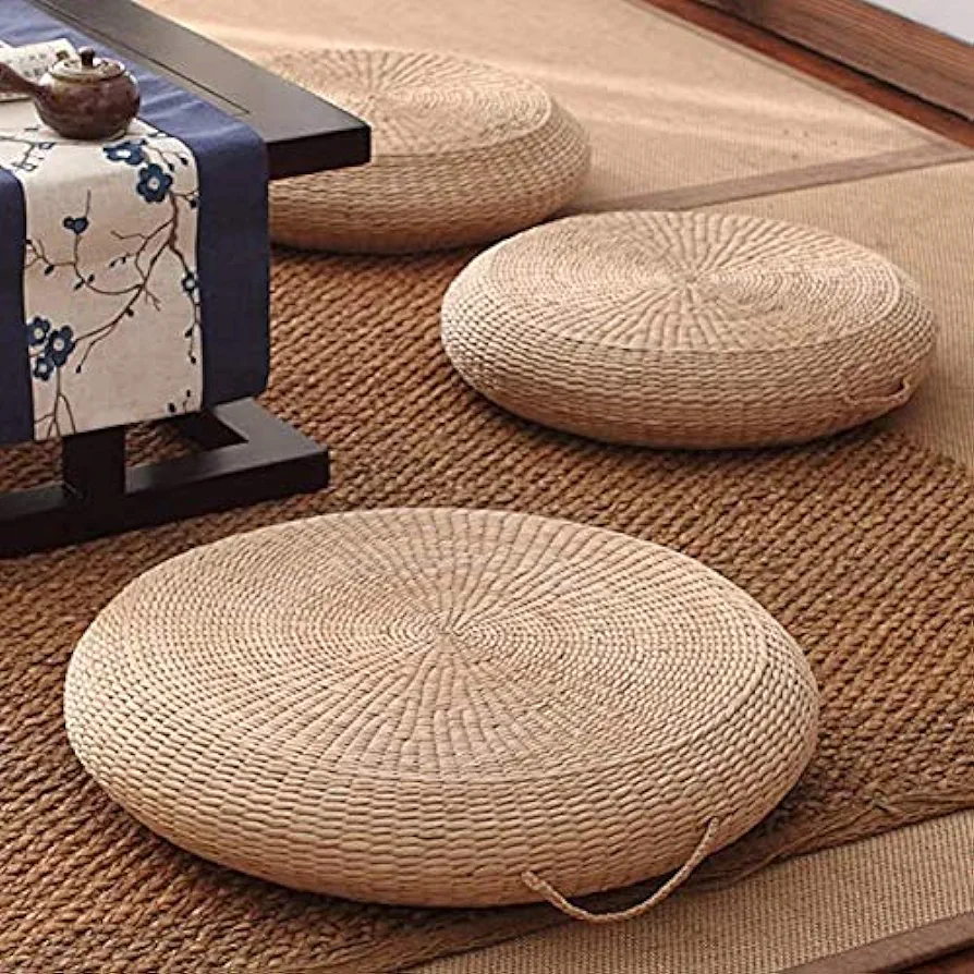 Futon Seat Cushion,Natural Straw Woven Floor Pillow Outdoor,Round Tatami Floor Cushion Sitting,Handmade Meditation Cushion,for Yoga Room (Diameter 40cm(16inch),Beige)