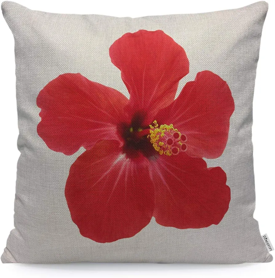 WONDERTIFY Throw Pillow Case Cover Red Hibiscus Flower on A White Background Tropical - Soft Linen Pillow Case for Decorative Bedroom/Livingroom/Sofa/Farm House - Cushion Covers 18x18 Inch 45x45 cm