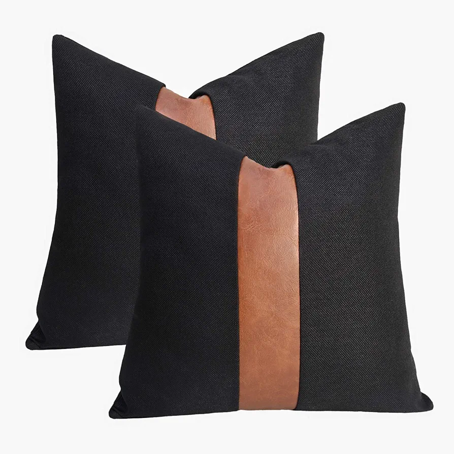 cygnus Set of 2 Black Linen Patchwork Faux leather Throw Pillow Covers for Couch Living Room Bedroom, Modern Accent Decor Square Covers 16x16 inch, Brown and Black