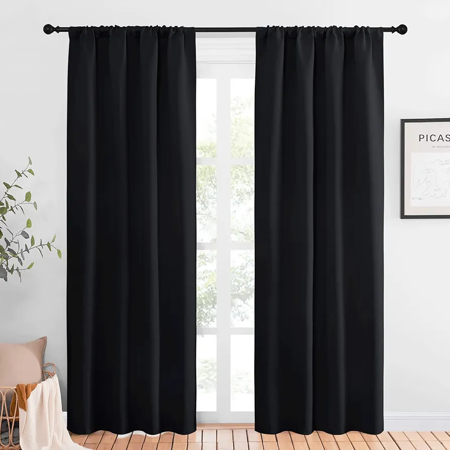 NICETOWN Halloween Living Room Blackout Shades - All Season Rod Pocket Thermal Insulated Solid Blackout Curtains/Drapes for Living Room (Set of 2, 42 inches by 84 Inch, Black)