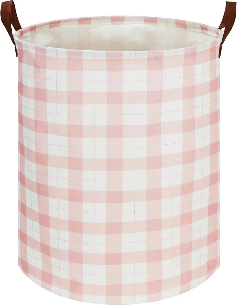 Kids Laundry Basket,Waterproof Baby Boys Nursery Hamper,Collapsible Fabric Storage Container,Toys Bin,Room Decor,Gift Basket（Pink Grid