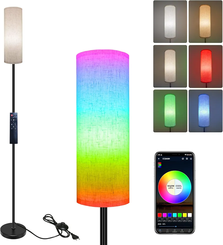 Floor Lamps with Remote Control Changeable Dimmable Colors Temperature Brightness Modern Standing Lamps Corner Llight for Living Room Bedroom Office with 9W RGB Bulb