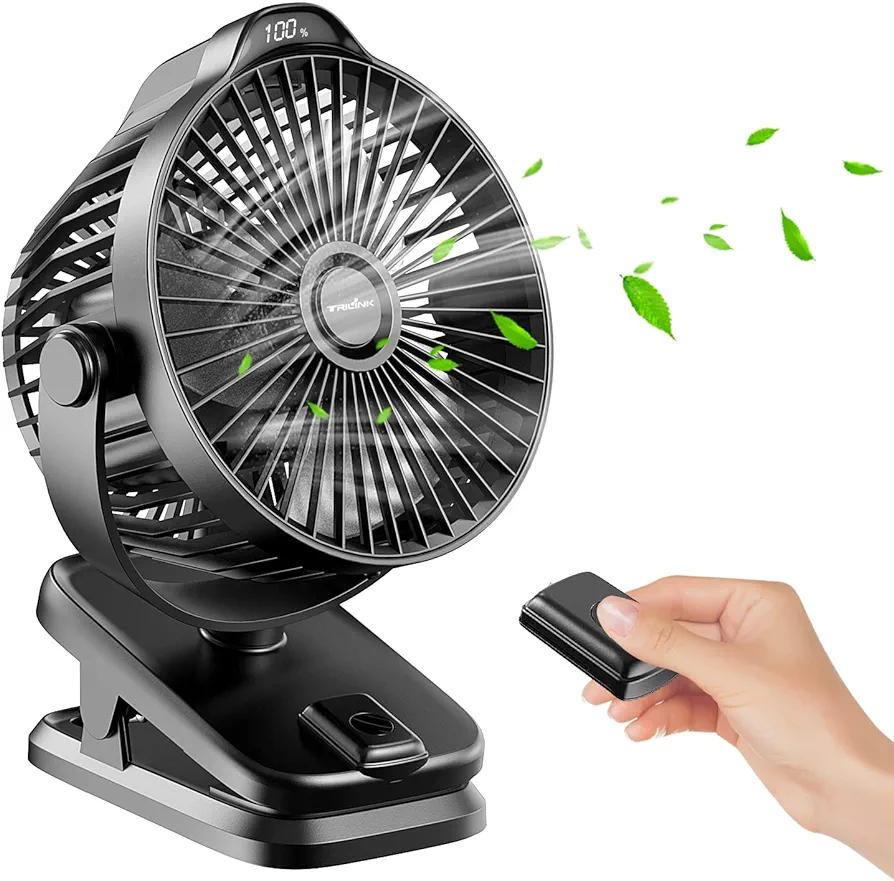 Small Clip on Fan with Remote Control | 8000mAh Battery | 5 Speeds | 5" Portable Rechargeable Mini Desk/Table Fan for Baby Stroller, Outdoor Camping, Tent, Desktop, Bedroom, Living Room, Office, Dorm