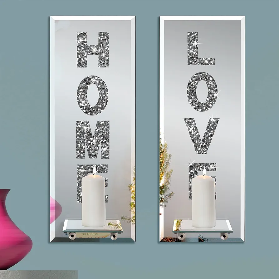 Phore Wall Sconce Candle Holder Set of 2 Crystal Crush Diamond Mirrored Candle Sconces Love & Home Letter Wall Decorations for Living Room, Dining Room, Bedroom, Bathroom