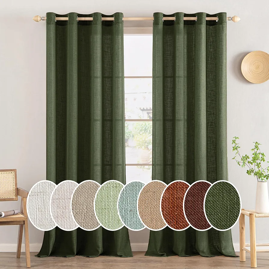 MIULEE Olive Green Linen Curtains 84 Inches Long 2 Panels for Bedroom Living Room, Soft Thick Linen Textured Window Drapes Semi Sheer Light Filtering Grommet Top Burlap Look Dark Green Boho Decor