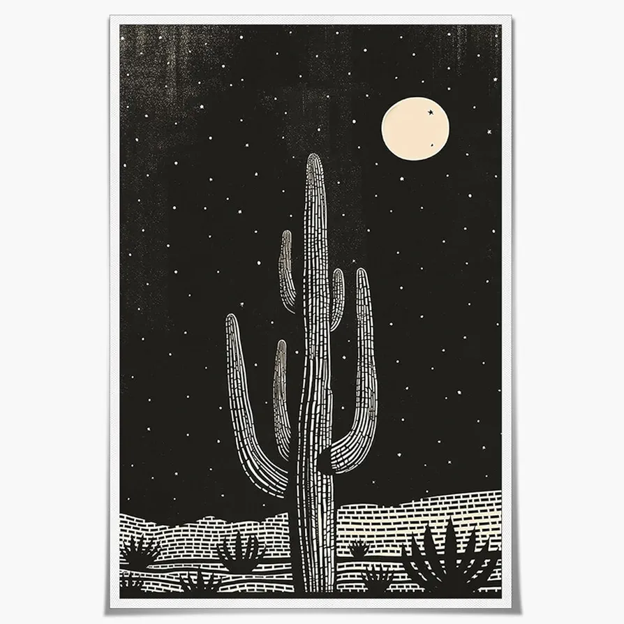 Yostyle Boho Canvas Black and White Wall Art Prints Mid-Century Modern Moon Plant Cactus Botanical Prints Minimalist Western Wall Decor for Bedroom Living Room 16X24in unframed