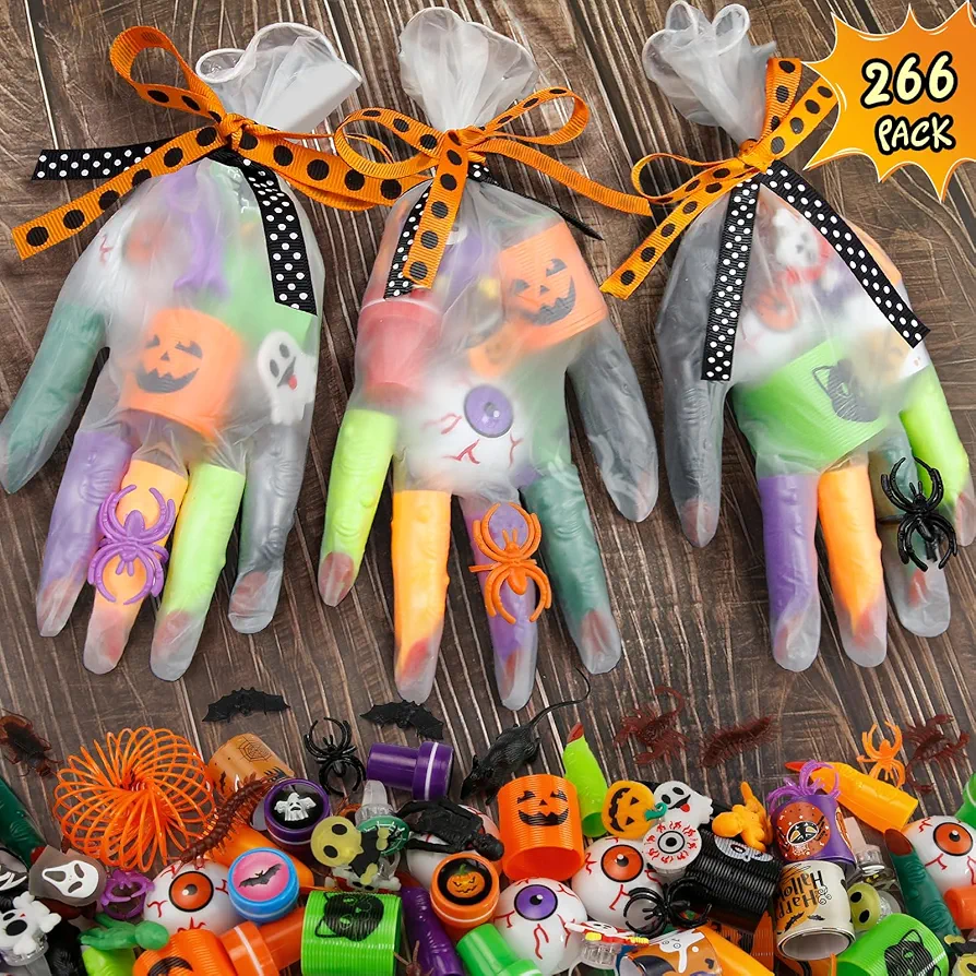 Halloween Party Favors - 24 Pack (266PCS) Gloves Stuffed Toys Bulk, Non-Candy Halloween Treat Bag Fillers, for School Classroom Kids Toddlers Boys Girls Prizes Party Supplies