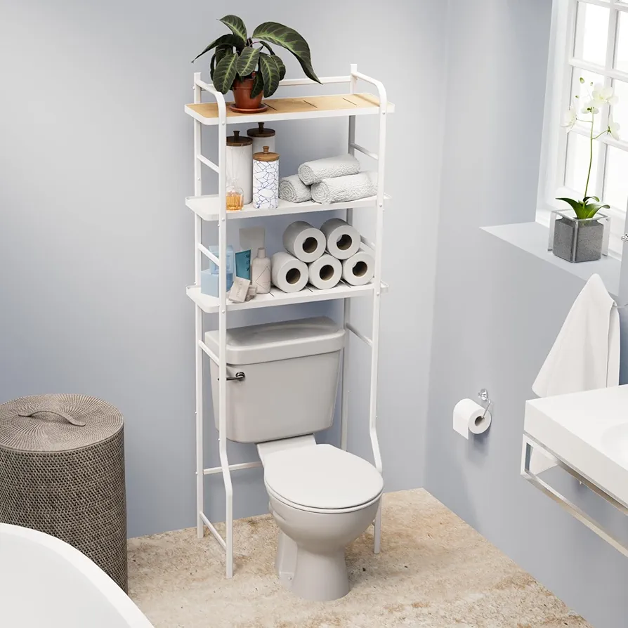 Home Zone Living Over The Toilet Tall Storage Organizer for your Bathroom, Kitchen, or Living Room, White Bamboo Accent Shelf