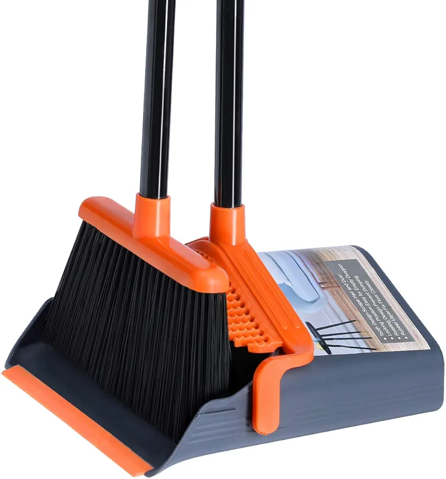 Broom and Dustpan Set, Broom Dustpan with 40"/52" Long Handle, Comb Teeth and Rubber Lip Design, Upright Broom and Dustpan Set for Home Room Office Lobby Floor Use