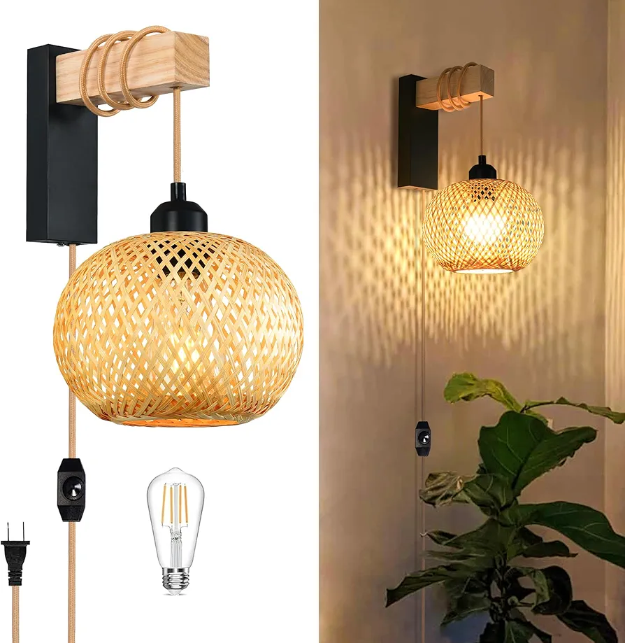 Rattan Plug in Wall Sconces Wicker Wall Lamp with Plug in Cord Hand Woven Rattan Wall Light Farmhouse Rustic Wall Lamp Boho Wall Sconces for Living Room Bedroom