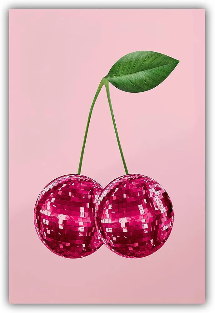 Retro Disco Ball Decor Pink Cherries Poster Funny Trendy Wall Art Cherry Poster Room Aesthetics Girls' Room Bar Cart Living Room Dining Room Wall Art Print Canvas 12x16Inch Unframed