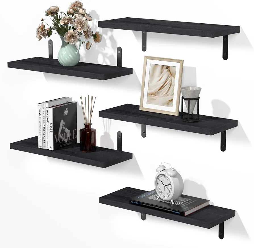 MOKA Shelves for Room Wall, Black Floating Shelves for Wall Decor, Width 6" Wall Shelves Set of 5, Small Wood Shelving Wall Mounted for Bedroom, Bathroom, Bathroom, Kitchen, Living Room, Corner