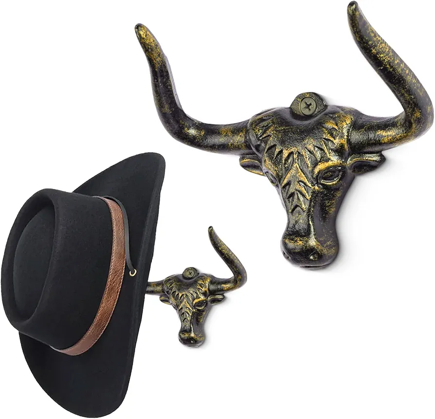 Cowboy Hat Rack for Wall 2 Pack Modern Metal Cowboy Hat Holder Cast Iron Hat Hanger Western Longhorn Hooks for Storage and Display at Closet Bedroom Living Room Antique Gold