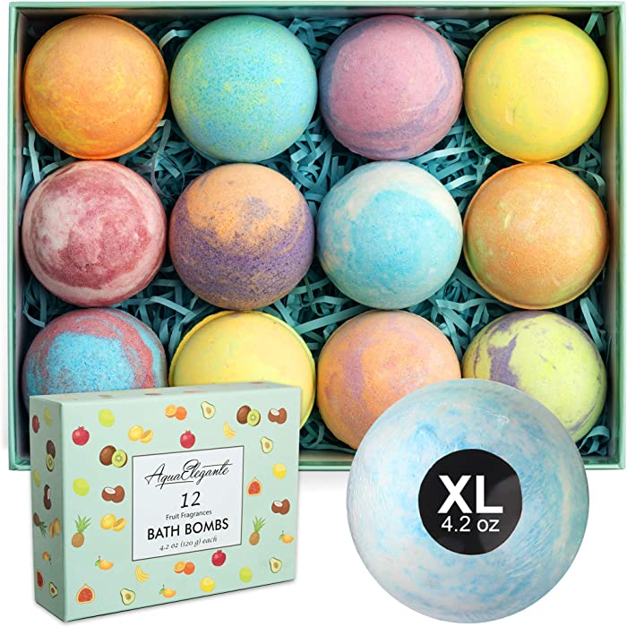 Tropical Fruit Bath Fizzies Set - 12 Large Bubble Bathbombs with Natural Essential Oils in Fruity Scents - Vegan Fizzy Bath Bombs Has Moisturizing Shea Butter and Coconut Oil