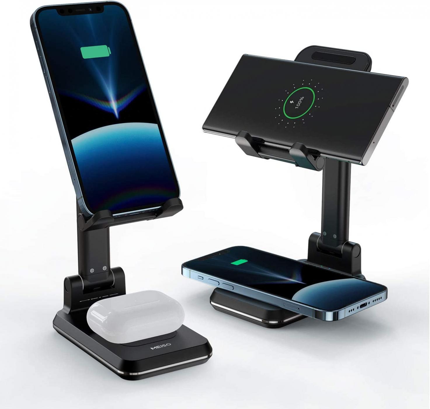 MEISO 2 in 1 Wireless Charger, Dual Wireless Charging Desk Phone Stand, 10W Qi Fast-Charging Dock for iPhone 12/11/MAX/XS/XR/X/8,AirPods/Pro,Samsung Galaxy S21/S20/S10/S9