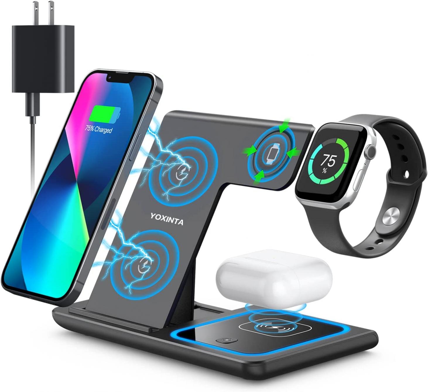 Wireless Charger, 3 in 1 Wireless Charging Station, Fast Wireless Charger Stand for iPhone 14/13/12/11/Pro/Max/XS/XR/X/8/Plus, for Apple Watch 7/6/5/4/3/2/SE, for AirPods 3/2/Pro(Black)