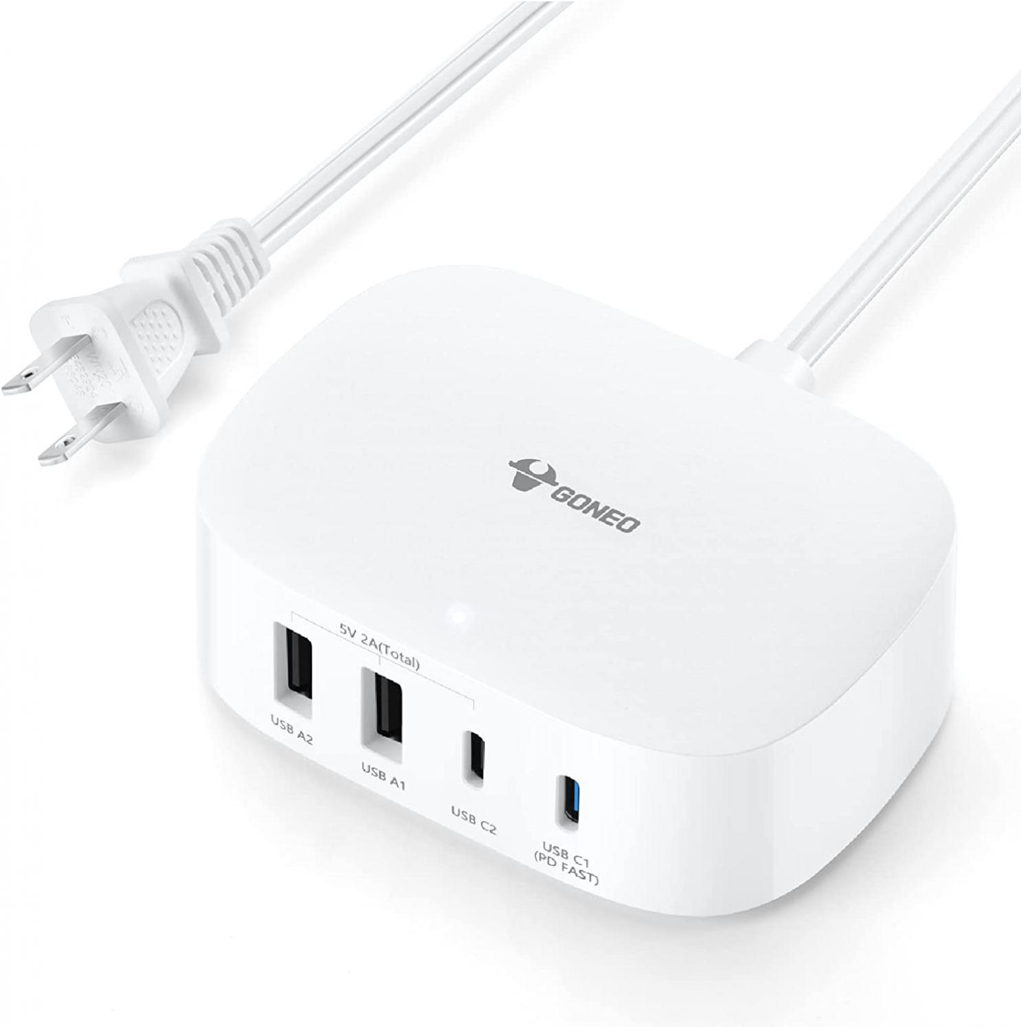 USB C Charger, GONEO 4-Port USB Charging Station Fast Charge with 30W PD USB-C Charger, USB C Wall Charger Multiport Charging Station for MacBook Air, iPad, iPhone (ETL Listed, 6Ft Extension Cord)