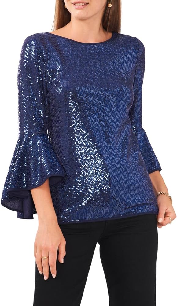 Vince Camuto Women’s Sequin Metallic Knit Flutter Bell Sleeve Top in Arresting Navy Small