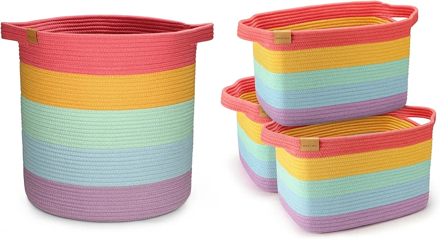 L1 Rainbow Storage Baskets & L4 Rainbow Laundry Basket, Cotton Rope Woven Basket for Living Room Bedroom Laundry Room Nursery