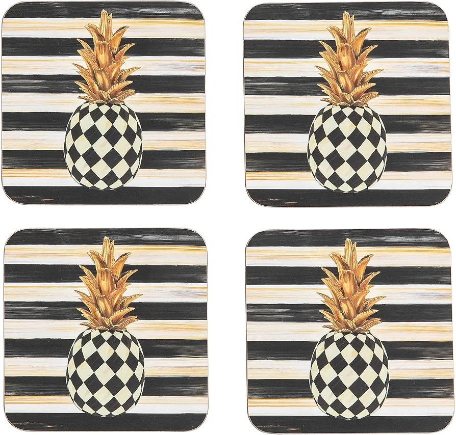 MACKENZIE-CHILDS Square Cork-Back Coasters, Table Coasters for Drinks, Set of 4, Marquee Pineapple