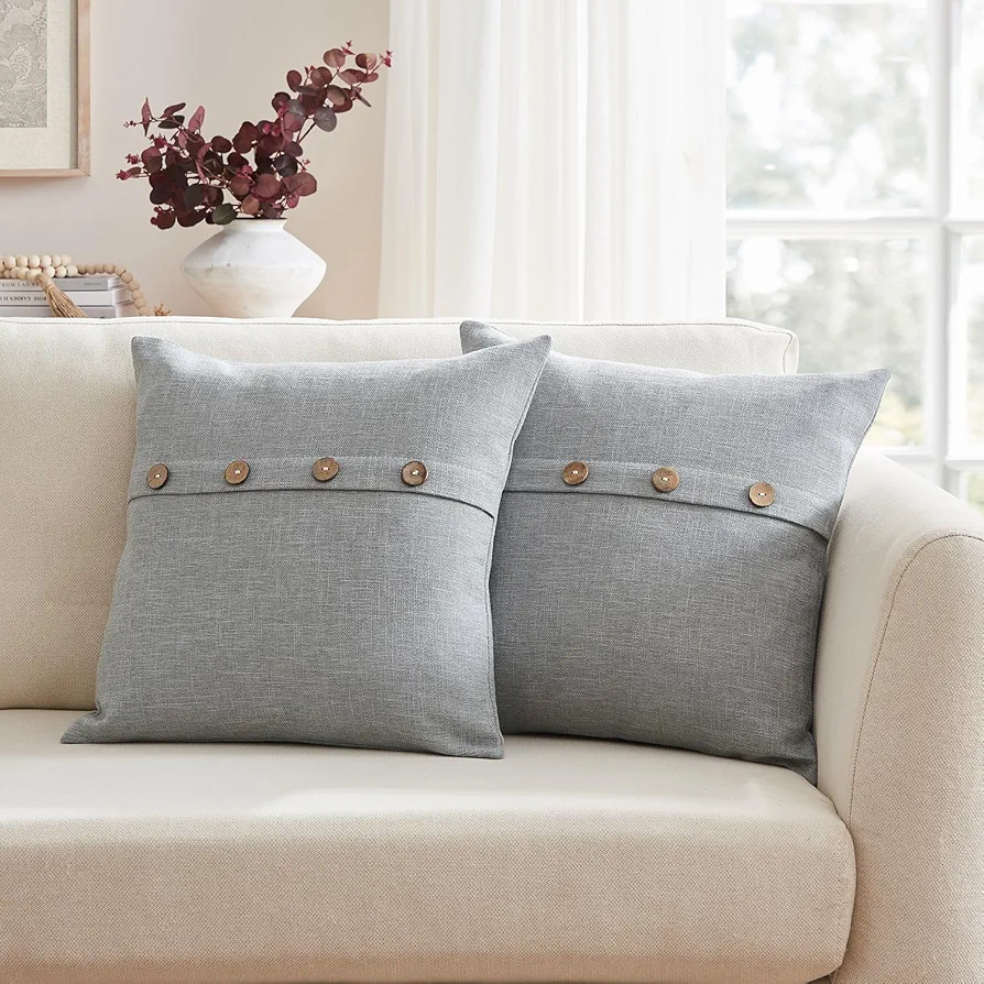 Meekio Set of 2 Cool Grey Pillow Covers 18 x 18 Inches Farmhouse Pillow Covers with Coconut Buttons for Sofa Couch Living Room Bedroom Farmhouse Décor for The Home