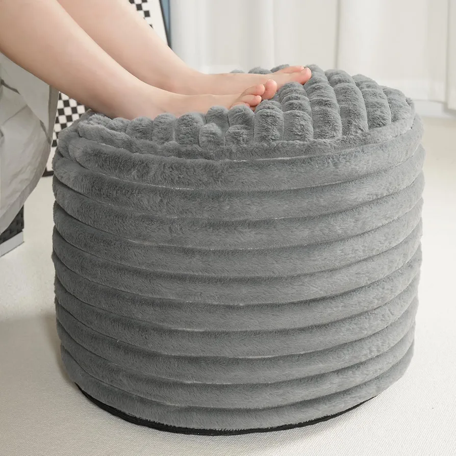 Pouf Ottoman Stuffed Round for Foot Rest, Faux Fur Poufs with Foam Chunk Filling, Storage Ottoman Pouf Foot Stool Cushion, 20 X 15 Inch Floor Chair for Living Room Bedroom Home Decor, Gray