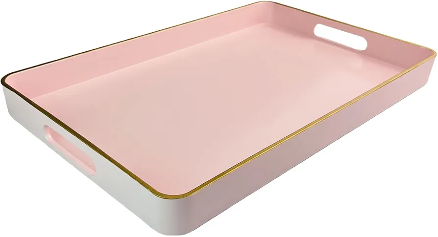 Pink Coffee Table Trays, Decorative Serving Tray with Handles, Plastic Tray for Ottoman, Bathroom, Living Room. 15.7"*10.2"