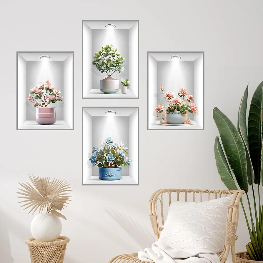 3D Vase Flowers Wall Stickers 4 Pcs 3D Potted Plants Wall Decals Self-Adhesive Vinyl Wall Art Decor Wall Posters and Prints for Aisle Stairs Wall Corner Living Room Sofa Backdrop 11.4"x15.3"