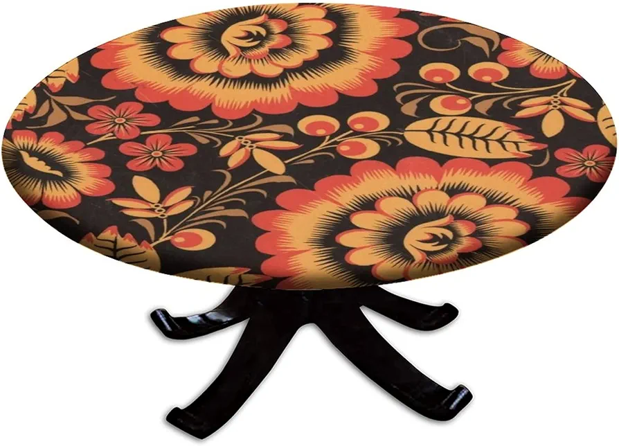 Floral Fitted Tablecloths Round, Bohemian Flower Elastic Edge Polyester Decorative Table Clothes, Fits 36" Round Table, Stain & Wrinkle Proof Fabric Table Cover for Kitchen Living Room Use