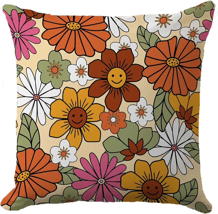 Boho Retro Floral Smiling Face Pillow Covers - 70s Vintage Hippie Groovy Abstract Cute Smiling Face Throw Pillow Cover- Indoor & Outdoor Fun Decor for Sofa, Couch, Bedroom, Living Room,18x18 Inch