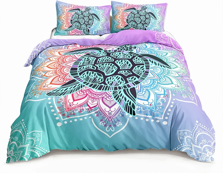 HOSIMA Sea Turtle Bedding ,Coastal Beach Themed Bedding Queen Size for Kids Teen Girls Boys Room Decor, Mandala Turtle Comforter Cover with 2 Pillowcases.